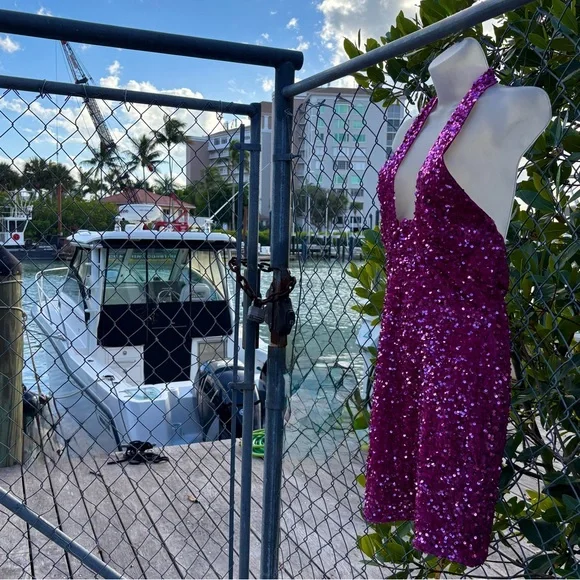 Fashion Nova Pink Sequin Corset Mini Dress Size M 8 Halter Velvet Stretch Party - Picture 12 of 16